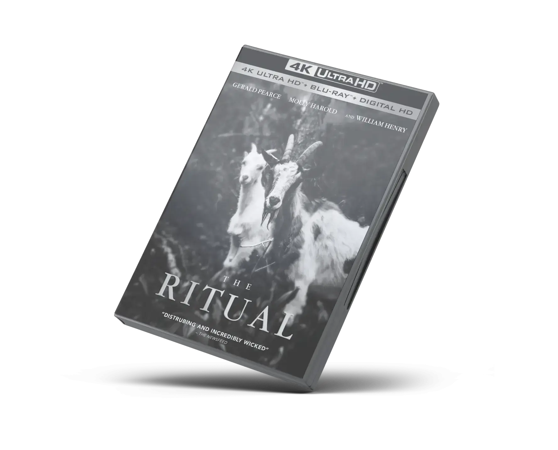 A 4K Ultra HD Blu-ray case for the movie 'The Ritual.' The cover features a black and white image of two goats with large horns, one in the foreground and one slightly behind. The title 'The Ritual' is prominently displayed at the bottom center of the cover, with a tagline below it that reads 'Disturbing and incredibly wicked.' Above the title are the names of actors Rafe Spall, Arsher Ali, Robert James-Collier and Sam Troughton. The top of the case has a label indicating '4K Ultra HD + Blu-ray + Digital HD.'